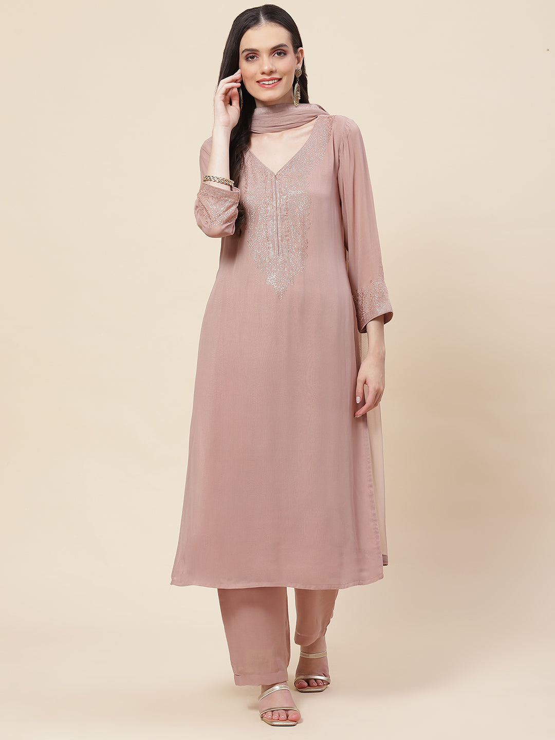 Neck Embellished Georgette Kurta With Palazzo &amp; Dupatta
