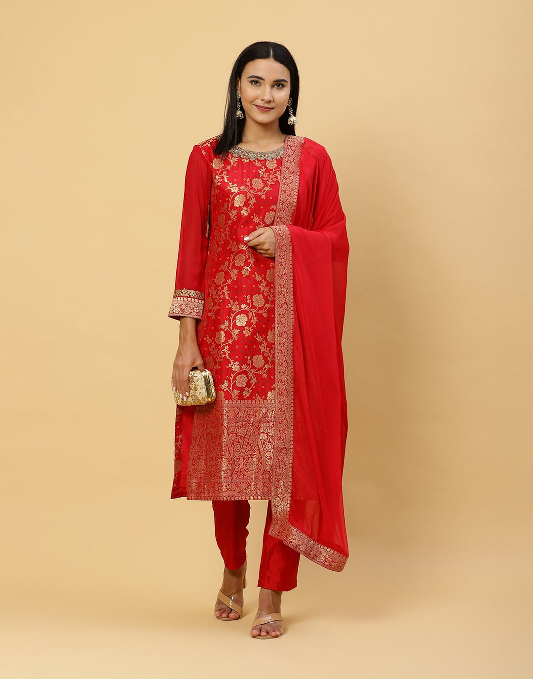 Embroidered Banarasi Brocade Salwar Kameez Stitched Suit With Georgette Dupatta