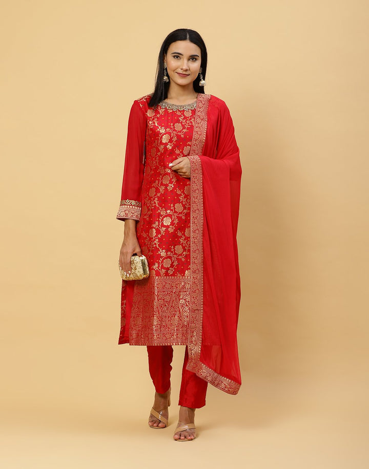 Embroidered Banarasi Brocade Salwar Kameez Stitched Suit With Georgette Dupatta