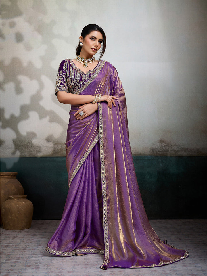 Embroidered Satin Saree With Readymade Blouse