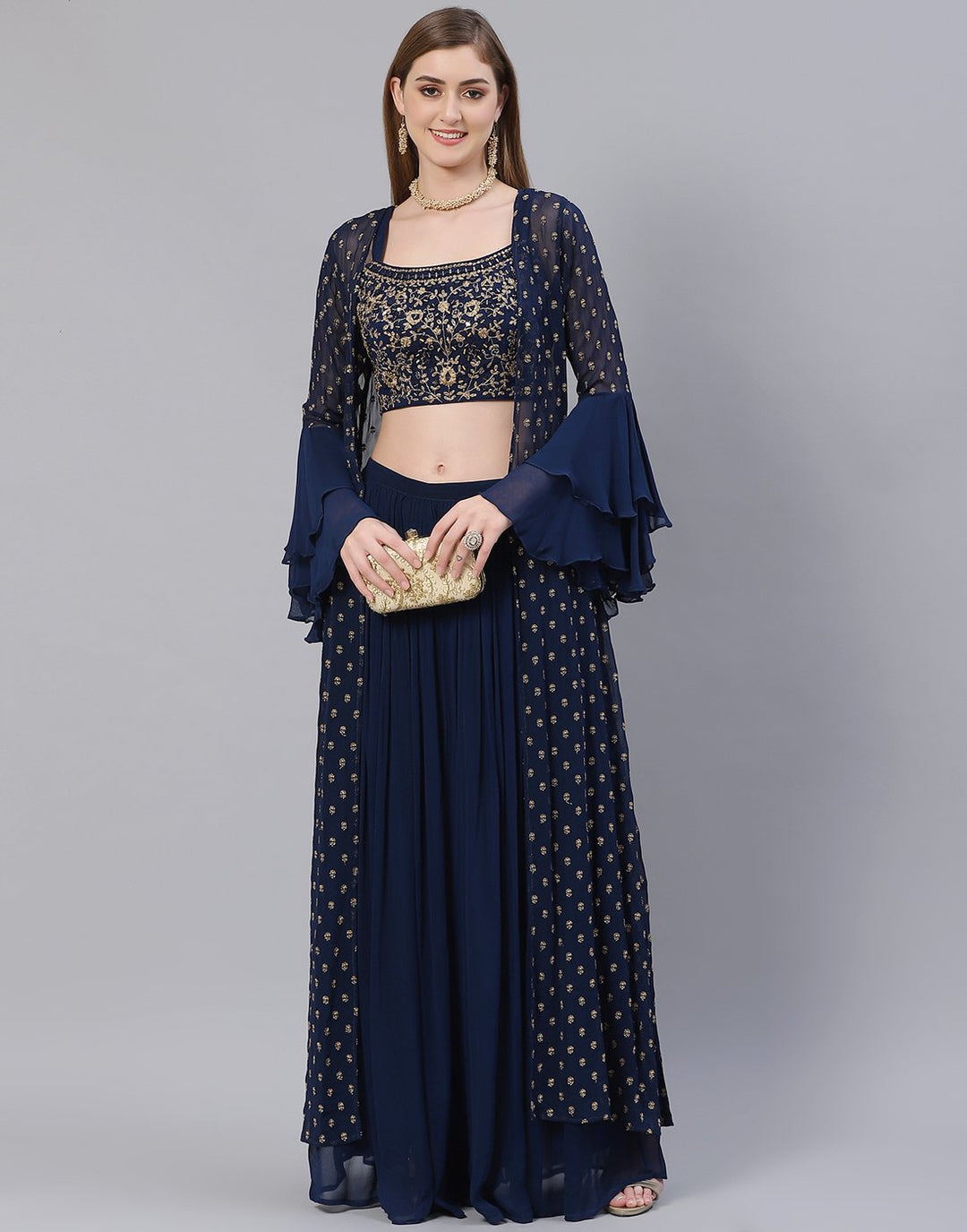 Green and Navy Blue Georgette Salwar Kameez Stitched Suit