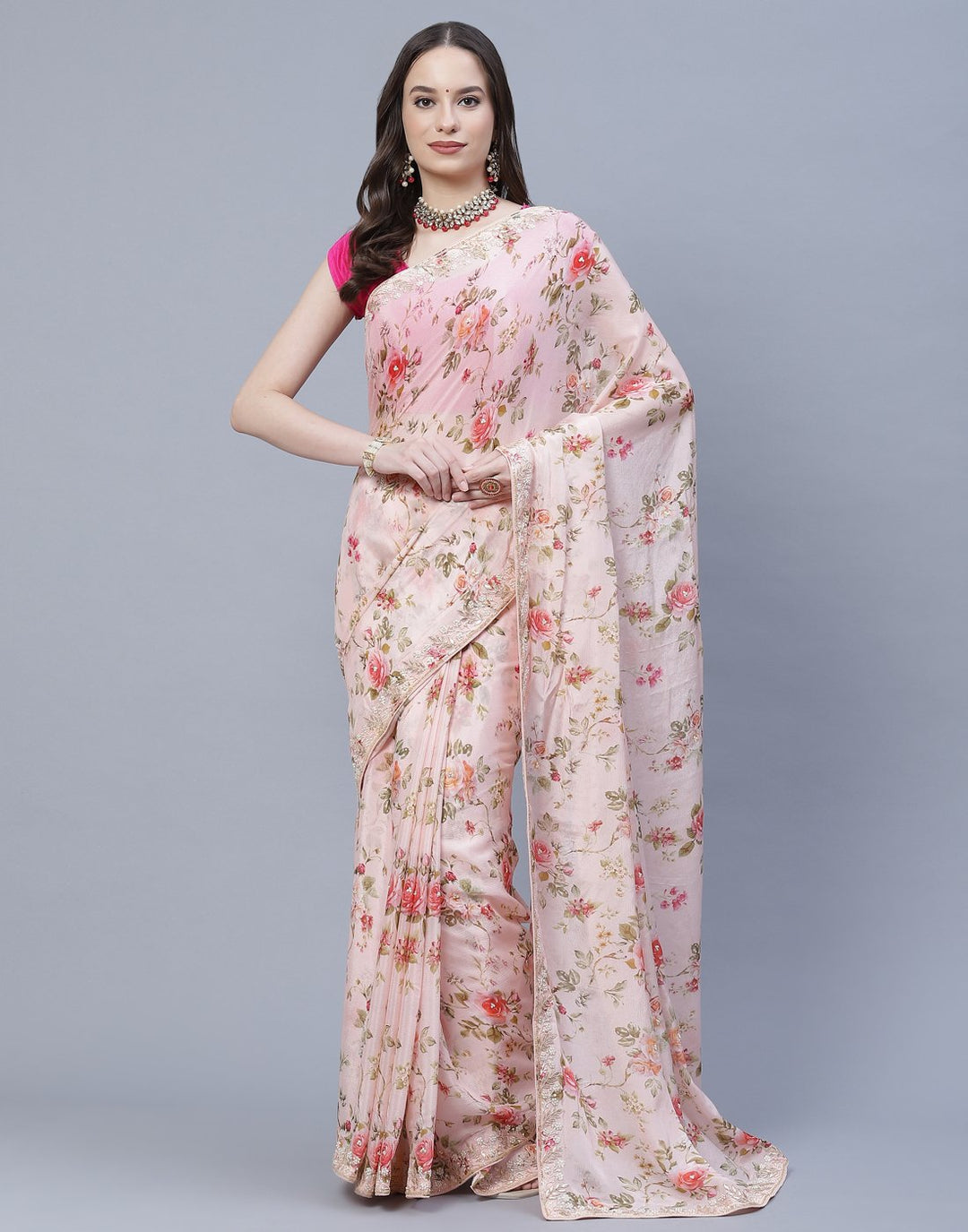 Digital Floral Printed Crepe Saree with Gota Patti Border