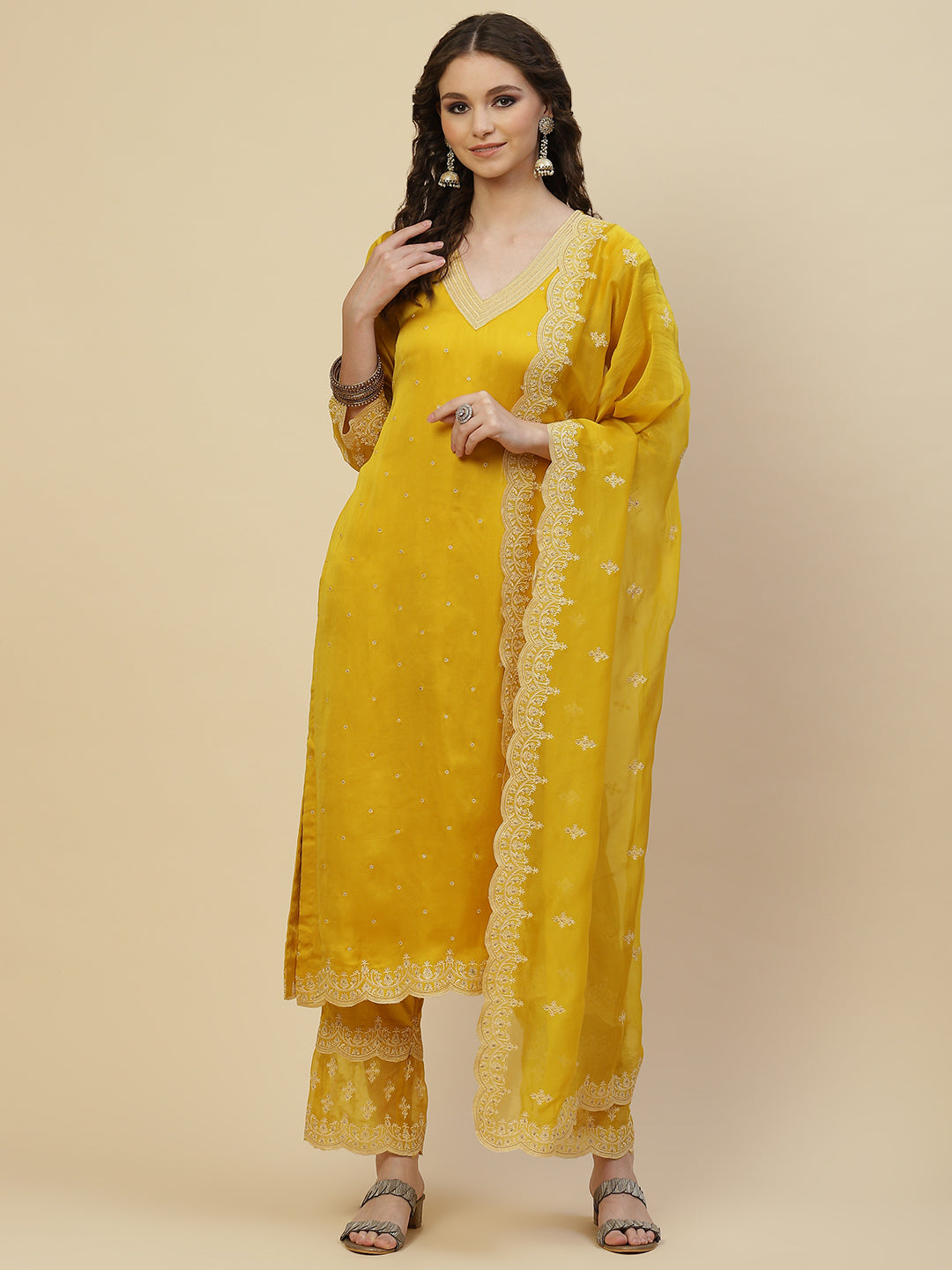 Resham Booti Satin Kurta With Pants &amp; Dupatta
