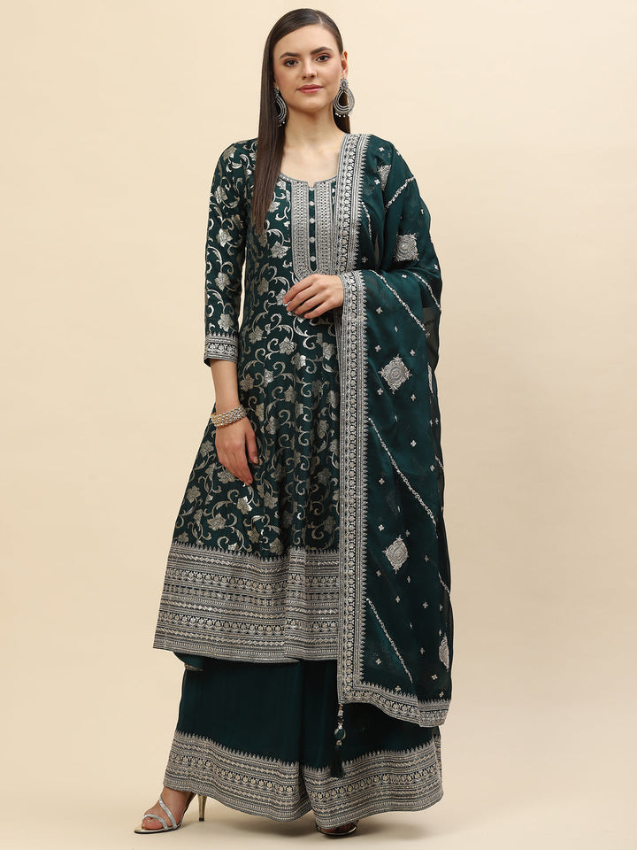 Resham Zari Embroidered Handloom Kurta With Palazzo &amp; Dupatta