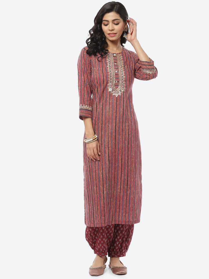 Printed Zari Neck Cotton Kurti With Afghani Pant