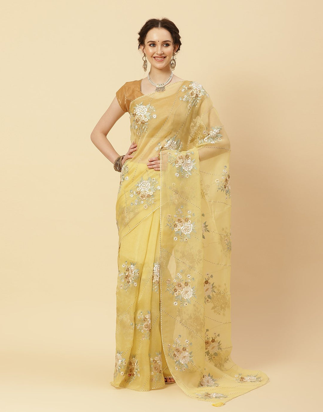 Embroidered Resham Booti Organza Kora Saree