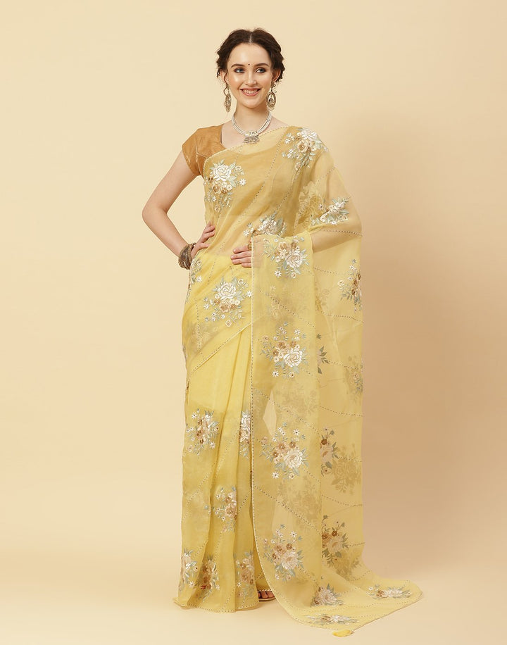 Embroidered Resham Booti Organza Kora Saree