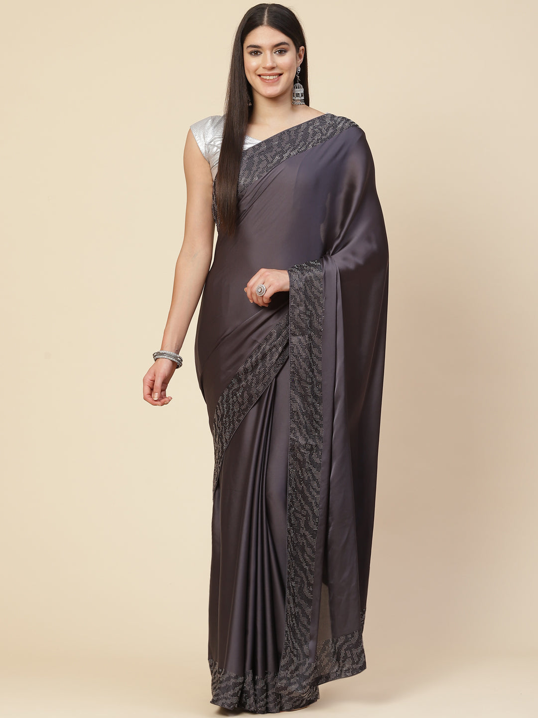 Embroidered Border Booti Satin Saree