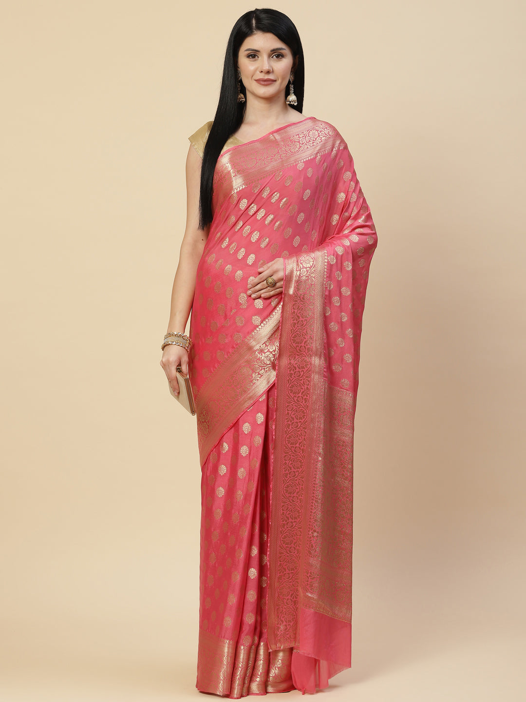 Zari Booti Crepe Plain Saree