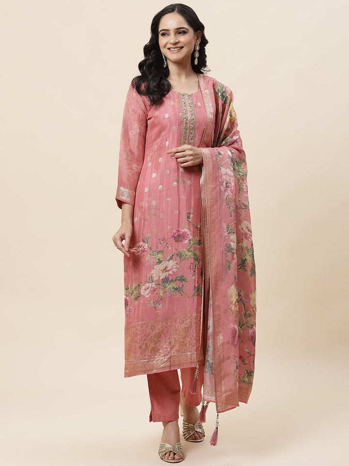 Floral Printed Organza Kurta With Pants &amp; Dupatta