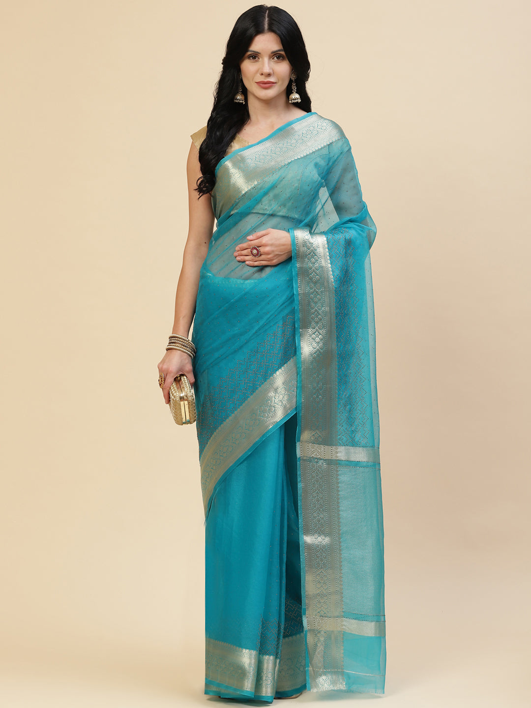 Stone Work Plain Organza Saree