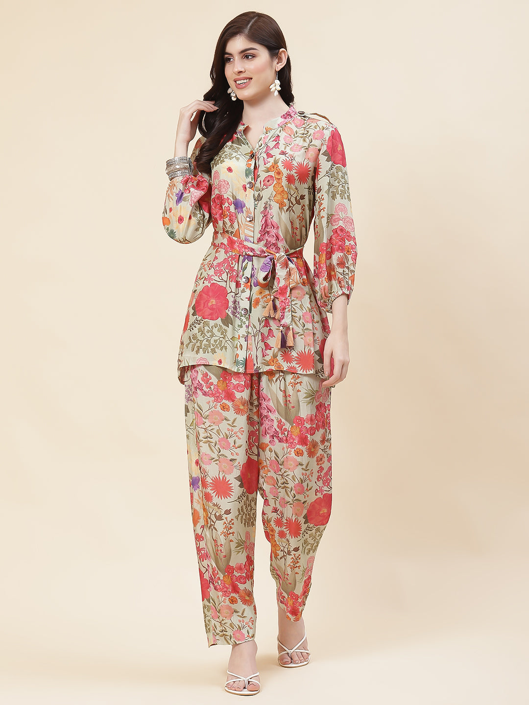 Floral Printed Crepe Co-Ord Set With Belt