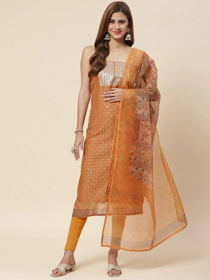 Neck Embroidered &amp; Printed Chanderi Unstitched Suit Piece With Dupatta
