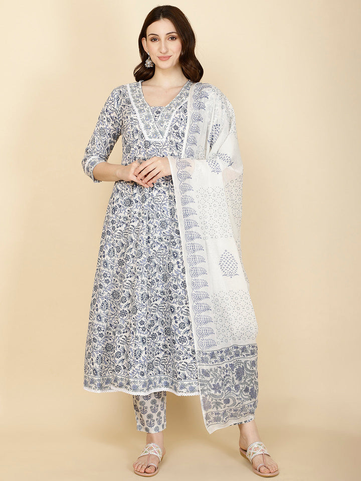 Floral Printed Cotton Kurta With Pants &amp; Dupatta