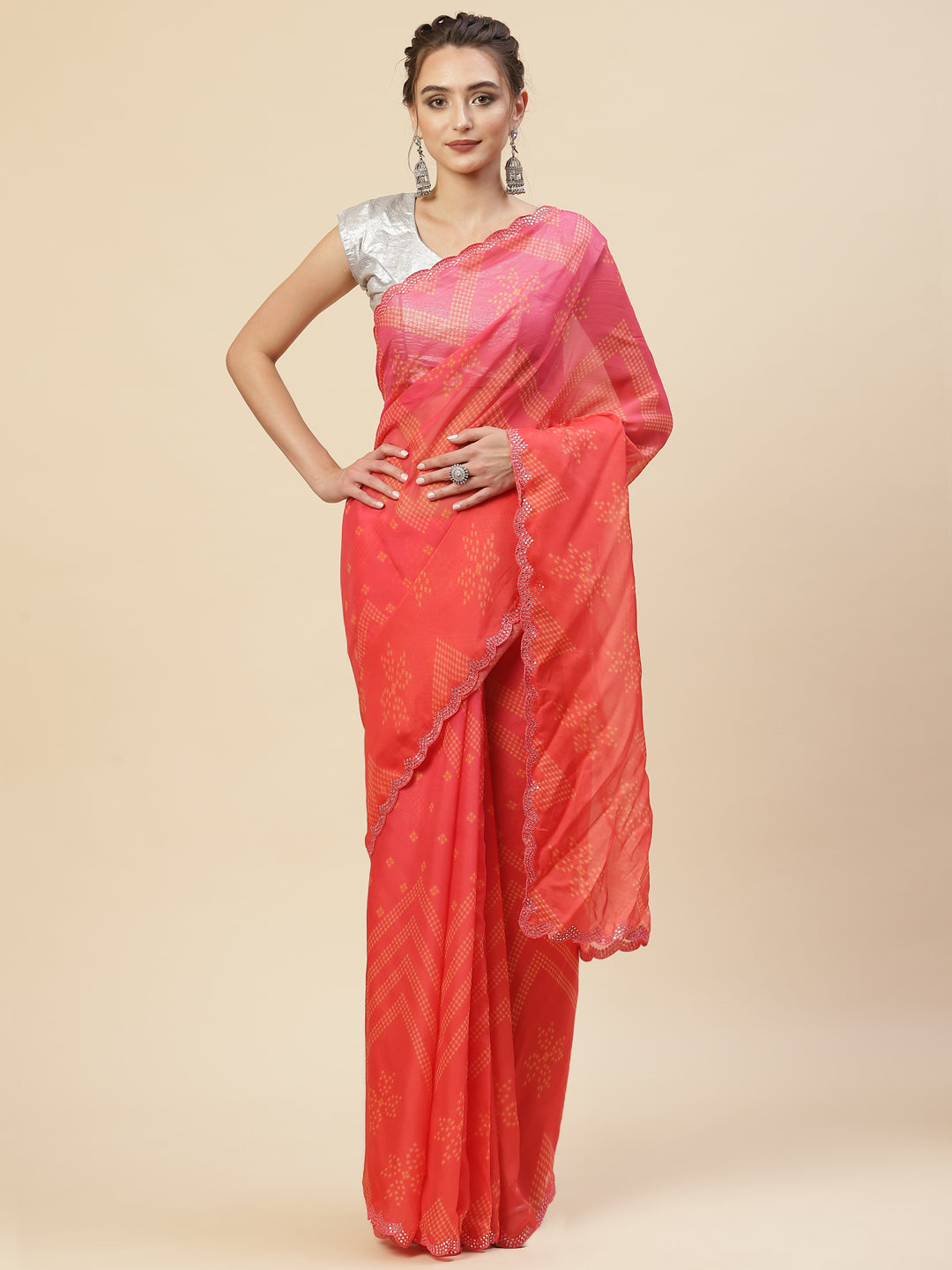 Printed &amp; Mirror Work Organza Saree
