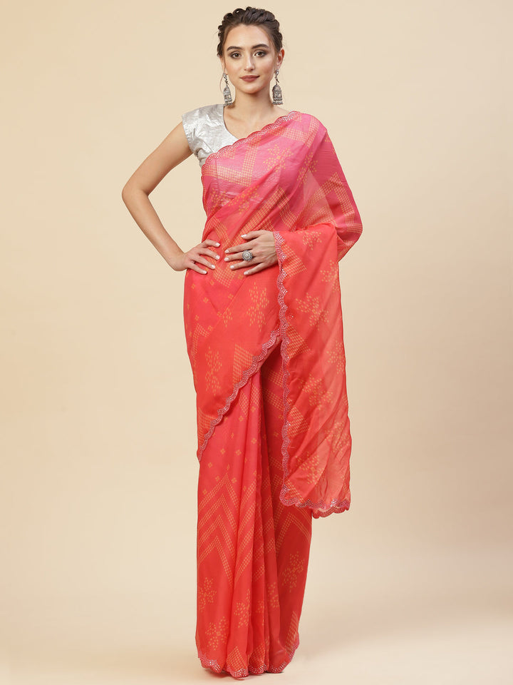 Printed &amp; Mirror Work Organza Saree