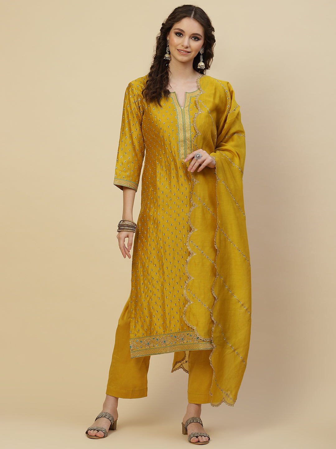 Resham Booti Cotton Kurta With Pants &amp; Dupatta