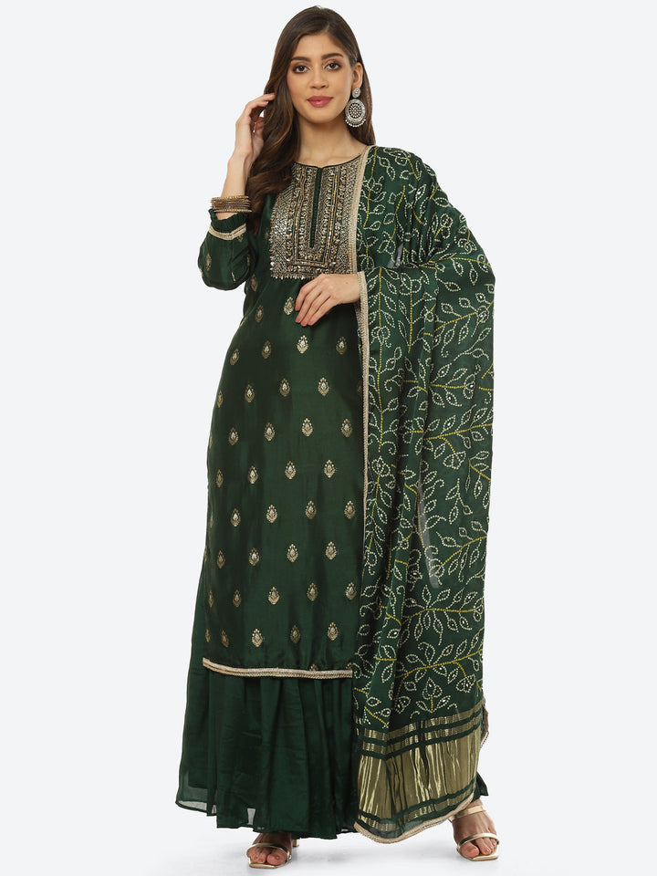 Zari Booti Neck Zari Embroidered Handloom Kurta With Palazzo &amp; Dupatta