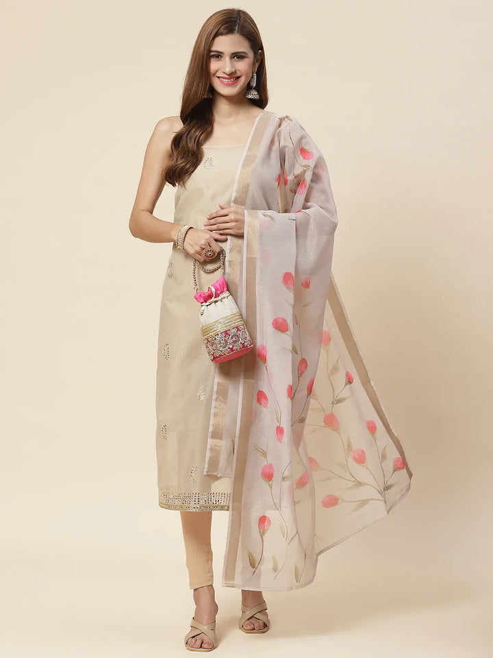 Embroidered Chanderi Unstitched Suit Piece With Floral Dupatta