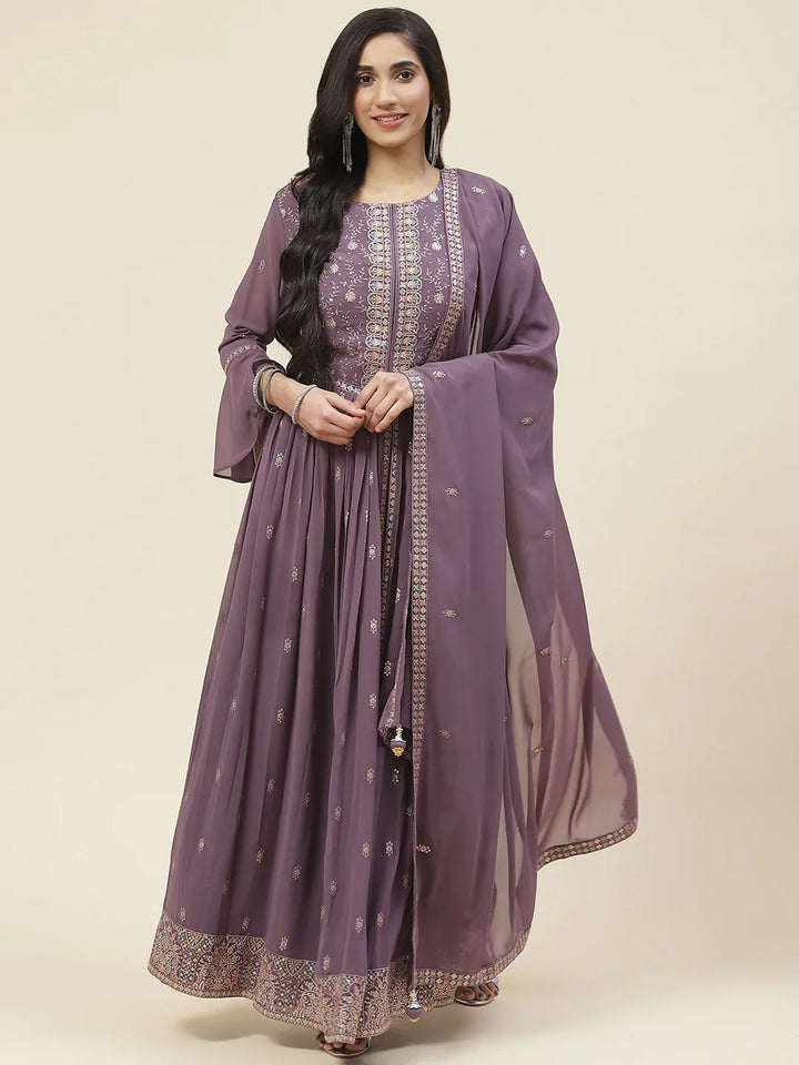 Sequin Embroidered Georgette Kurta With Palazzo &amp; Dupatta