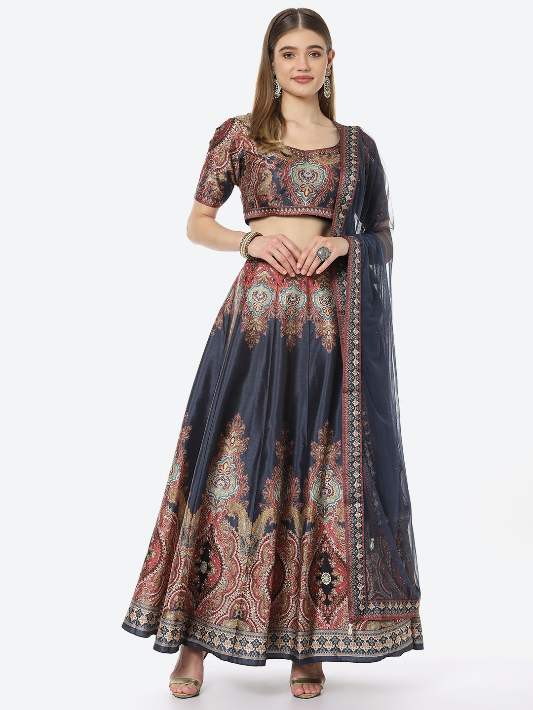 Floral Digital Printed Tussar Silk Choli With Lehenga &amp; Net Dupatta