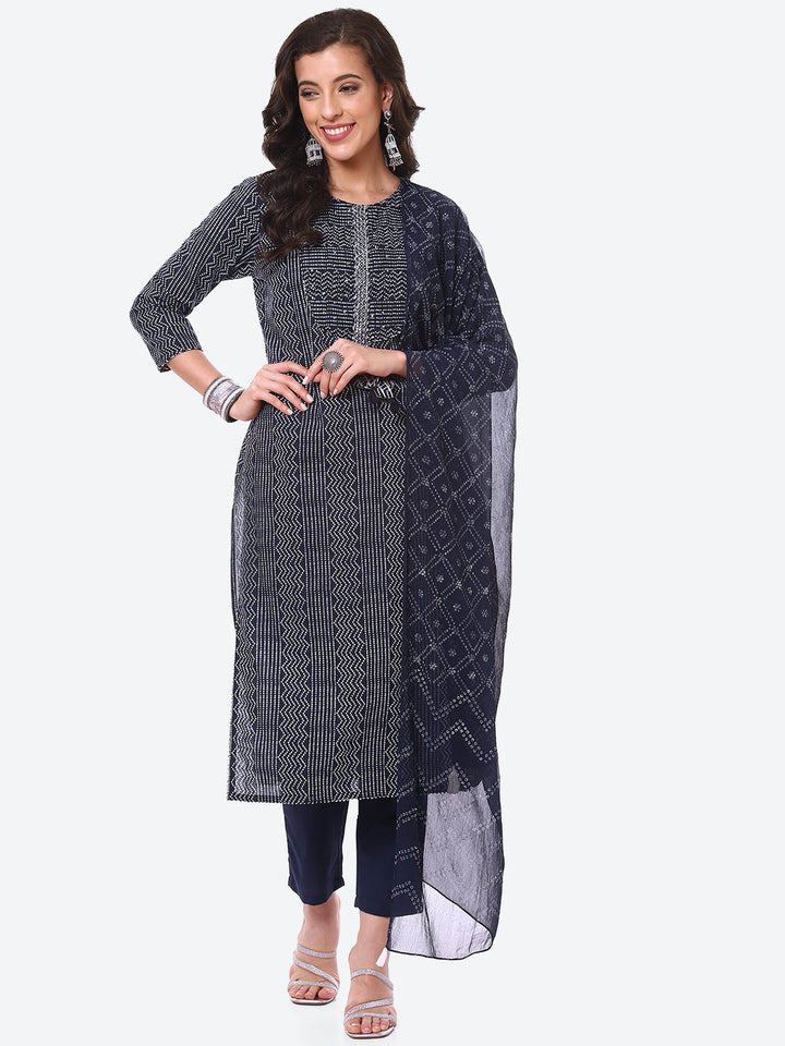 Bandhani Printed Cotton Kurta With Pant &amp; Dupatta