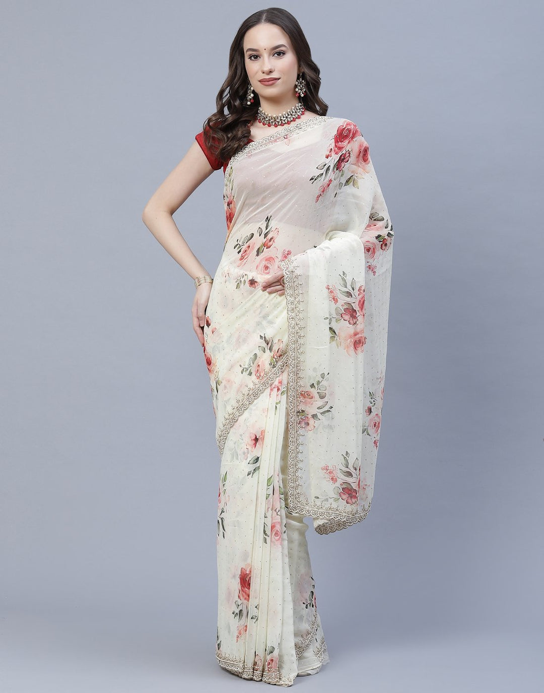 Digital Floral Printed Georgette Saree with Silver Zari Work  Border
