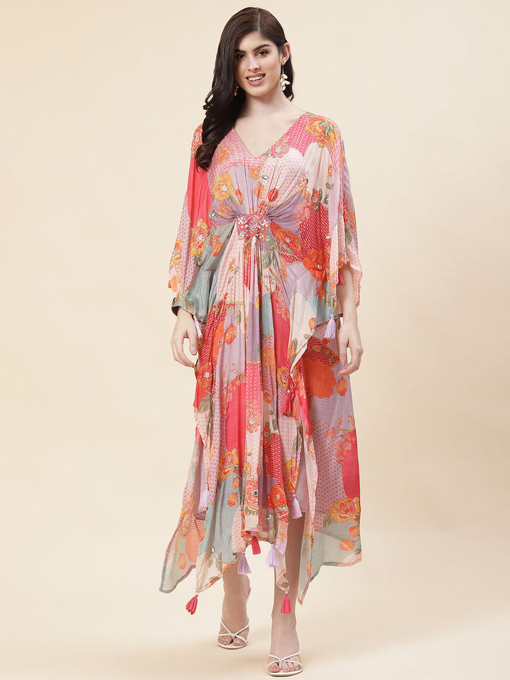 Floral Printed Kaftan Muslin Kurta With Inner