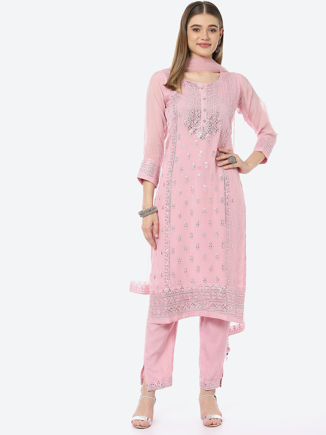 Resham Mirror Booti Organza Kurta With Pant &amp; Net Dupatta