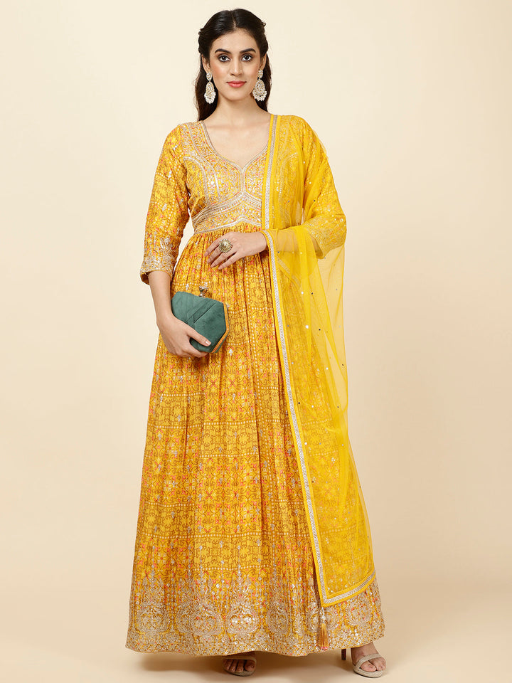 Floral Printed Crepe Kurta With Churidar &amp; Dupatta