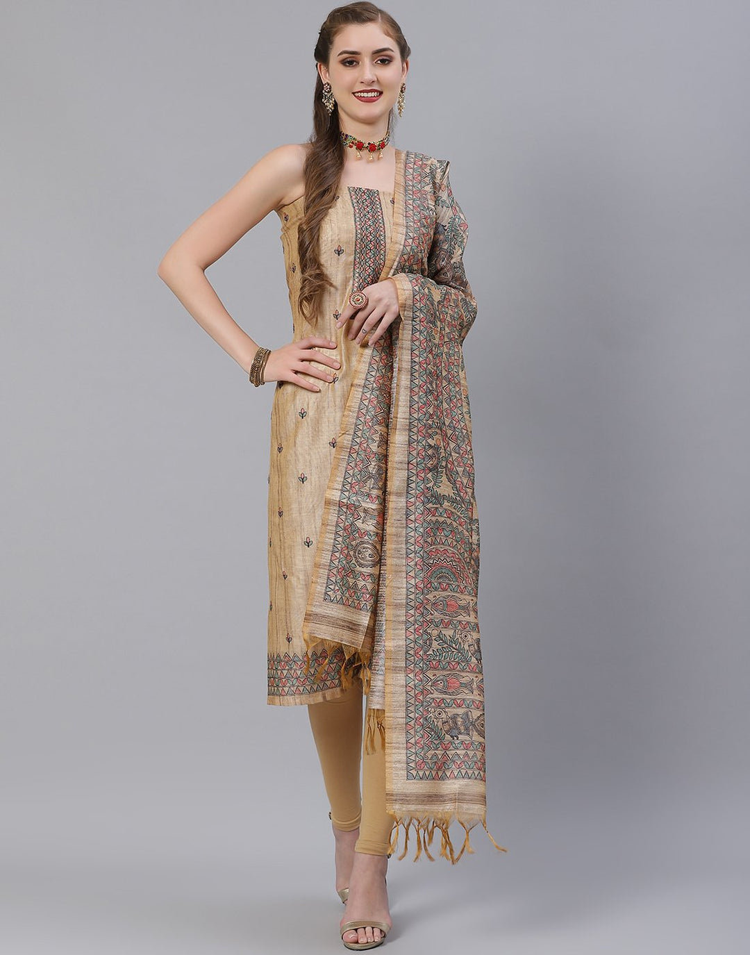 Chanderi embroidered Suit Set with Jaal dupatta