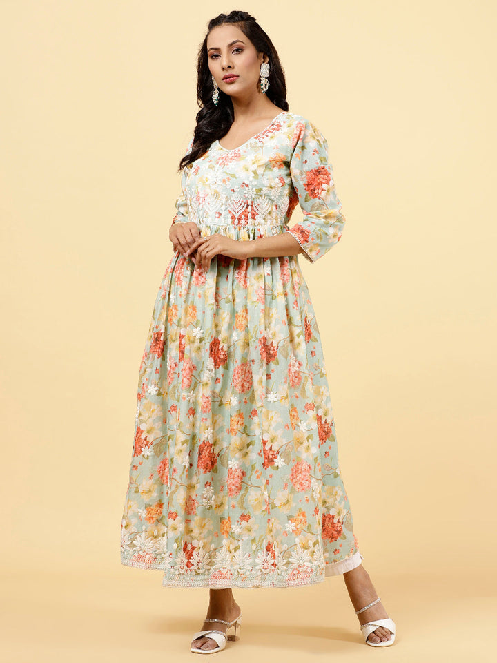 Floral Printed &amp; Neck Embroidered Cotton Kurta