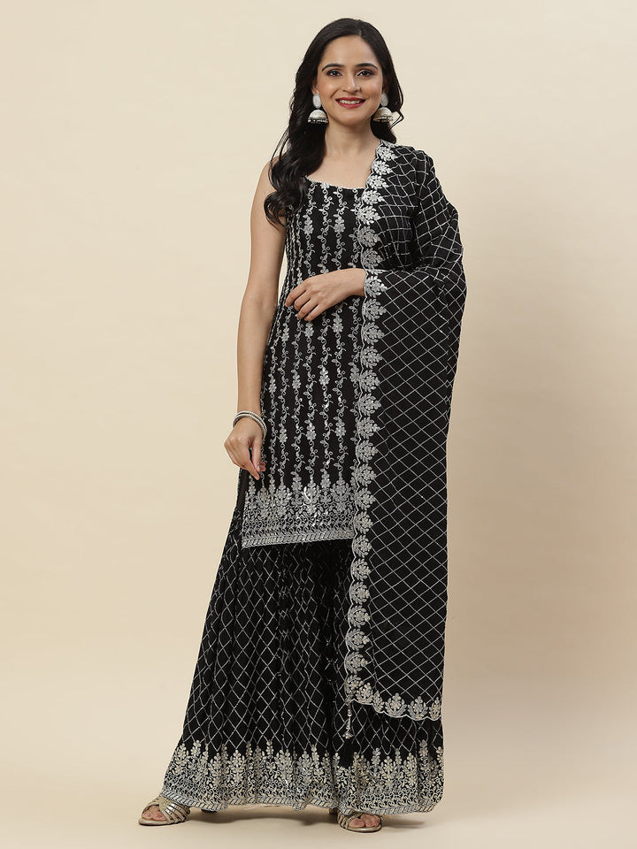 Sequin Embroidered Crepe Kurti With Garara &amp; Dupattta