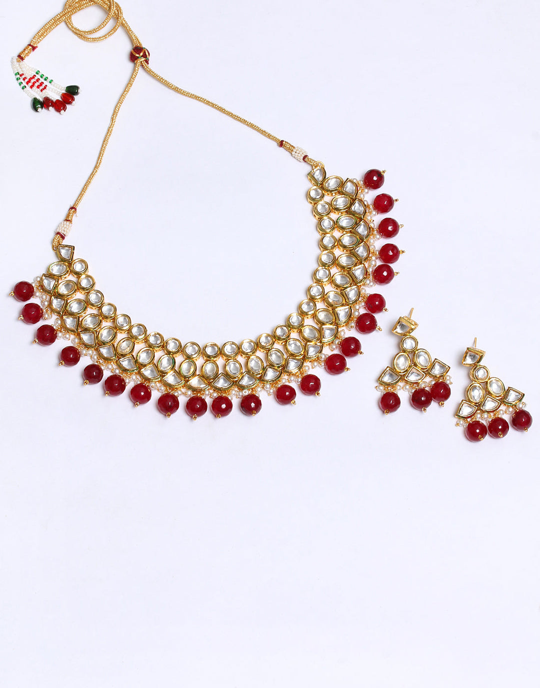 Elegant Gold Toned Kundan With Maroon Stone Necklace Set