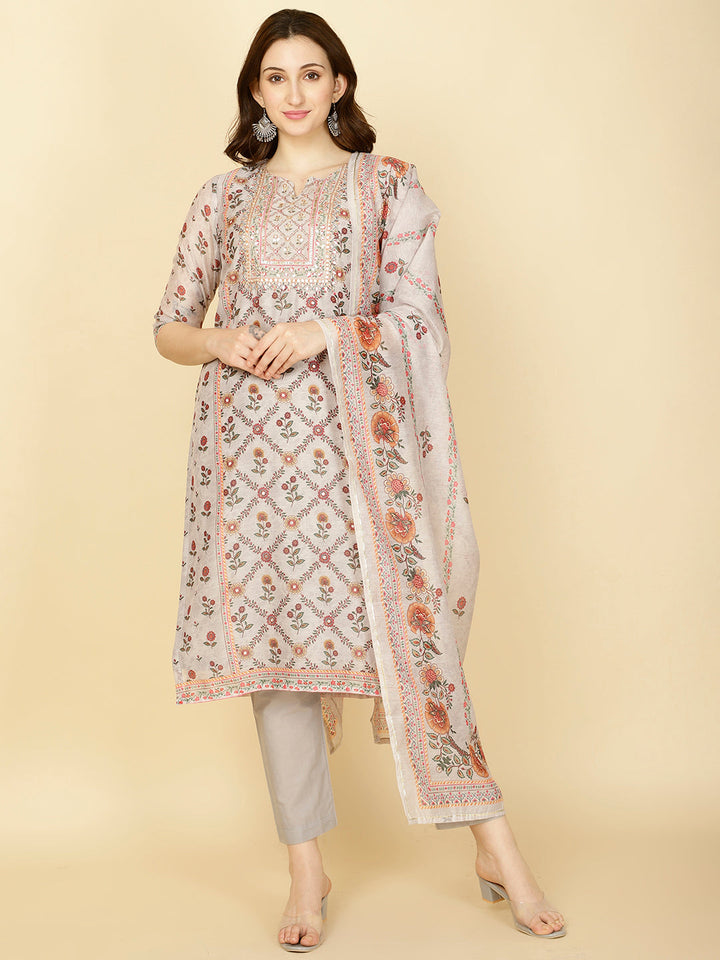 Floral Printed Chanderi Kurta With Pants &amp; Dupatta