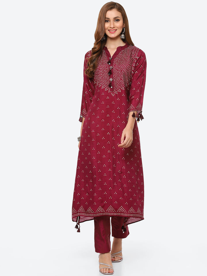 Bandhani Printed Banarasi A-Line Kurta With Pant