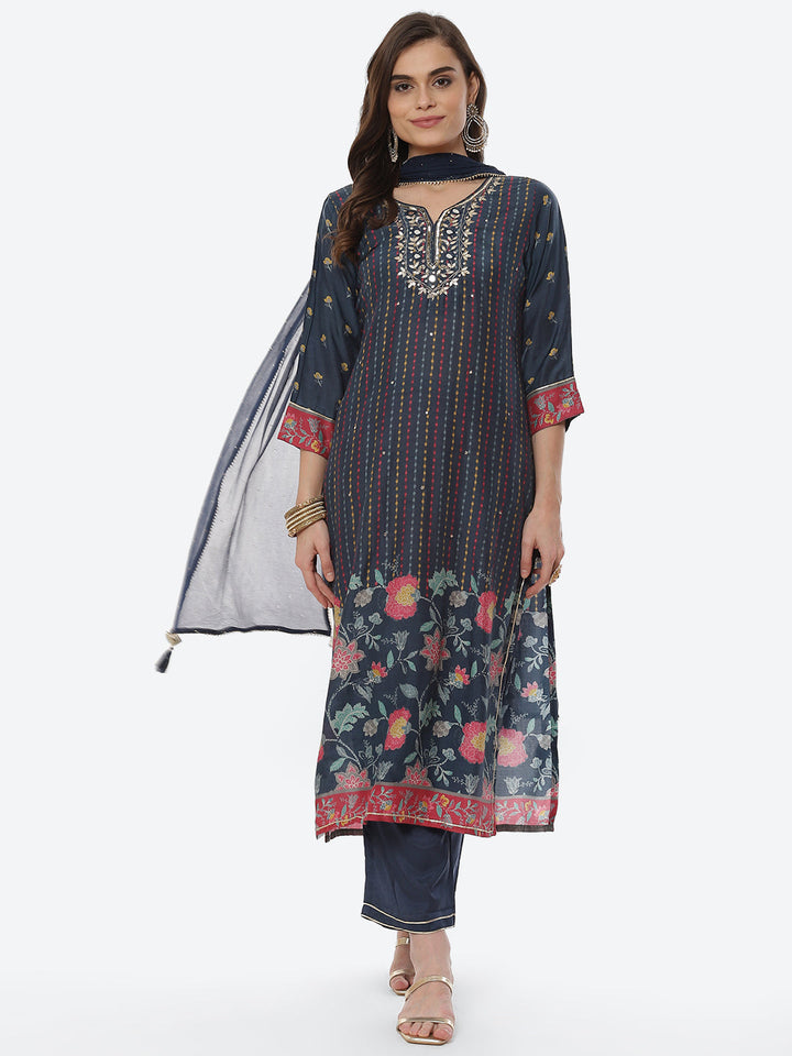 Mirror Work &amp; Printed Muslin Kurta With Pant &amp; Chiffon Dupatta