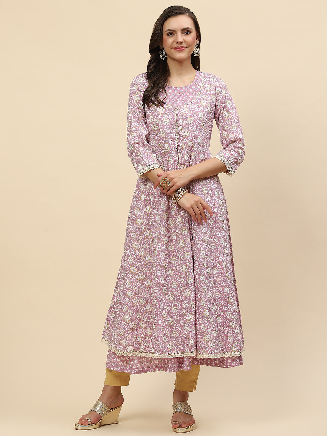 Floral Printed Cotton Anarkali Kurta With Jacket