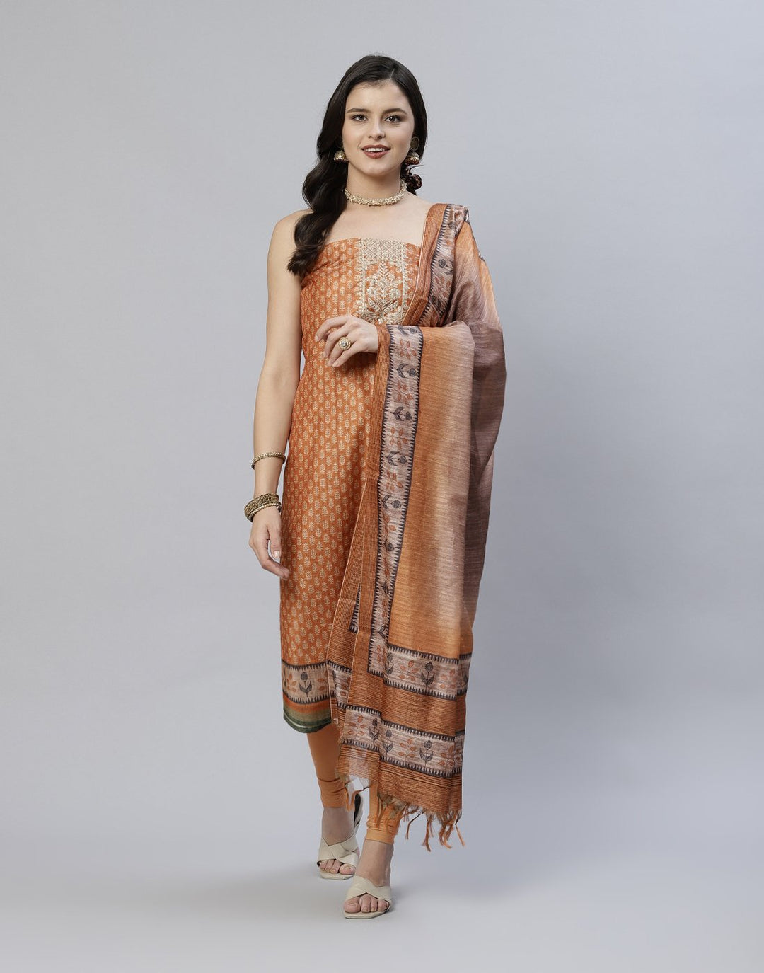 Printed Chanderi Suit Piece With Embroidered Yoke
