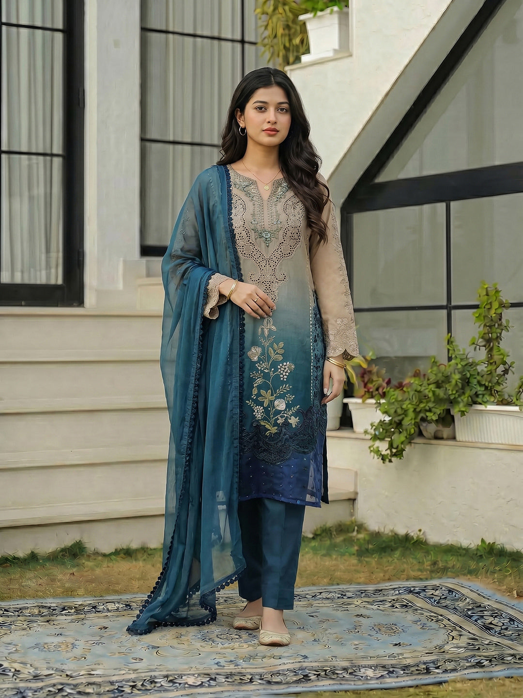 Embroidered Cotton Blend Suit Set With Dupatta