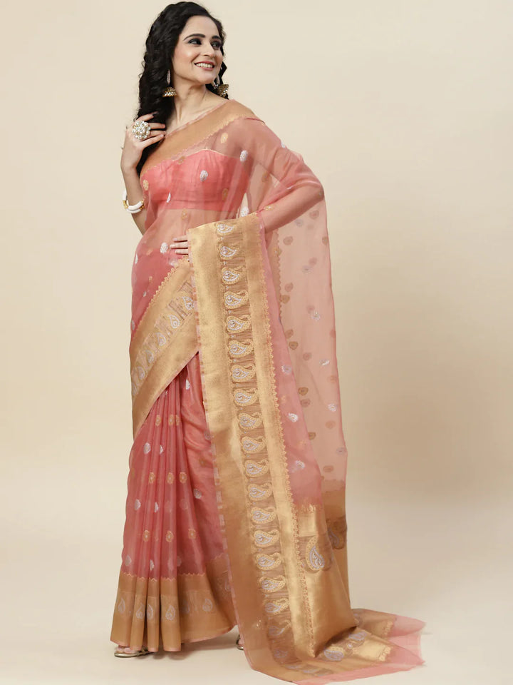 Zari Border Booti Organza Woven Saree