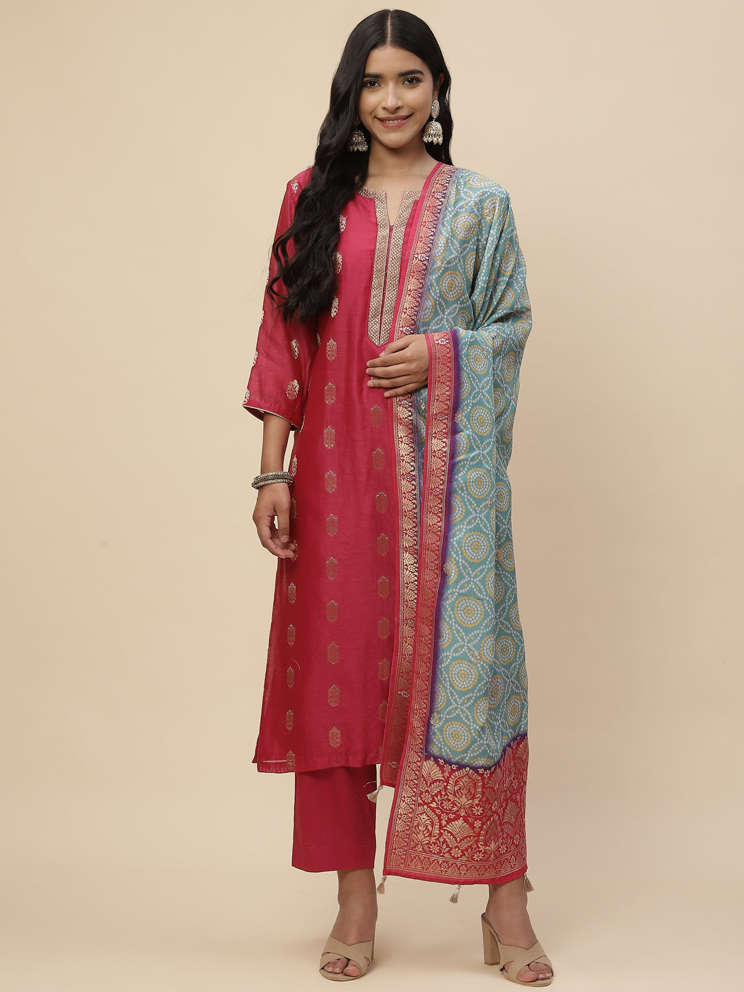 Zari Booti Cotton Kurta With Pants &amp; Dupatta