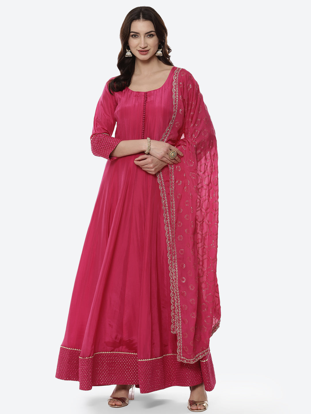 Embroidered Handloom Dupion Anarkali Stitched Salwar Kameez With Sequence Chiffon Dupatta