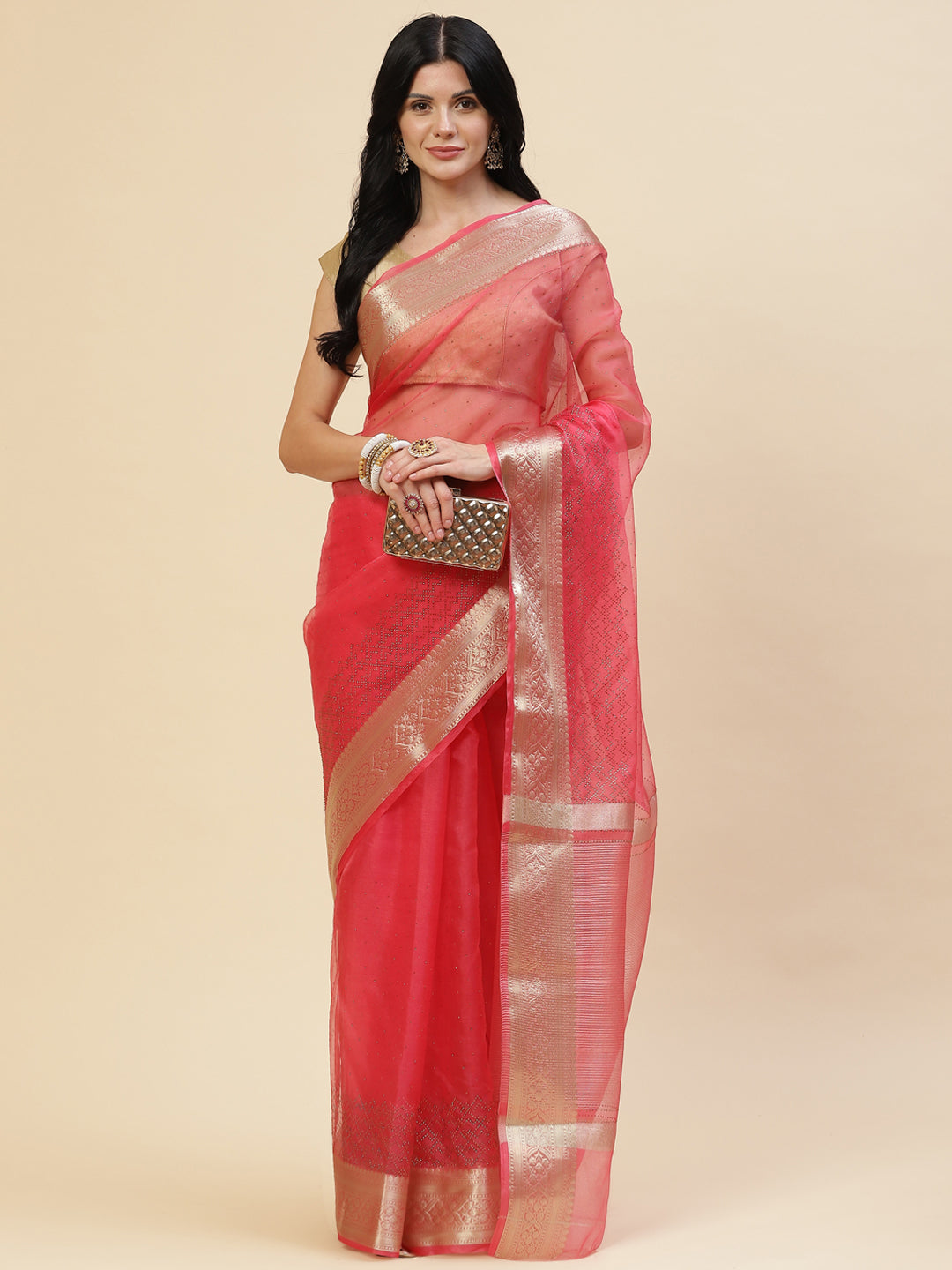 Stone Work Plain Organza Saree
