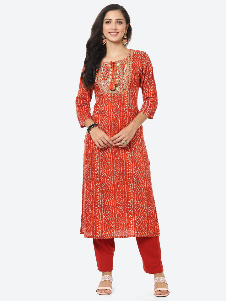 Yoke Embroided Bandhani Printed Cotton Kurti