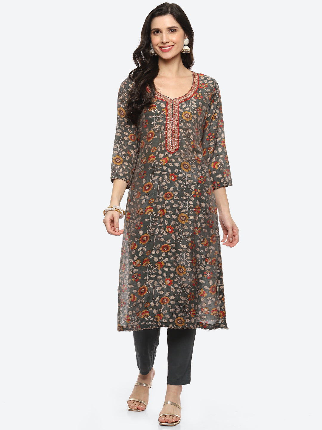 Sequin Yoke Printed Muslin Kurta With Pant