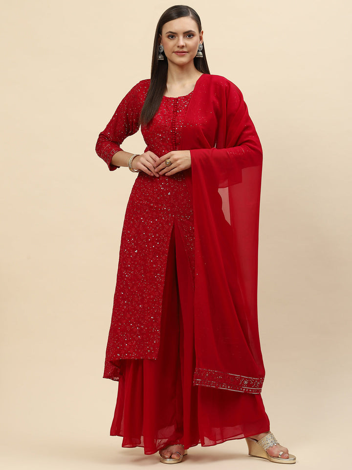 Sequin Embroidered Georgette Kurta With Palazzo &amp; Dupatta