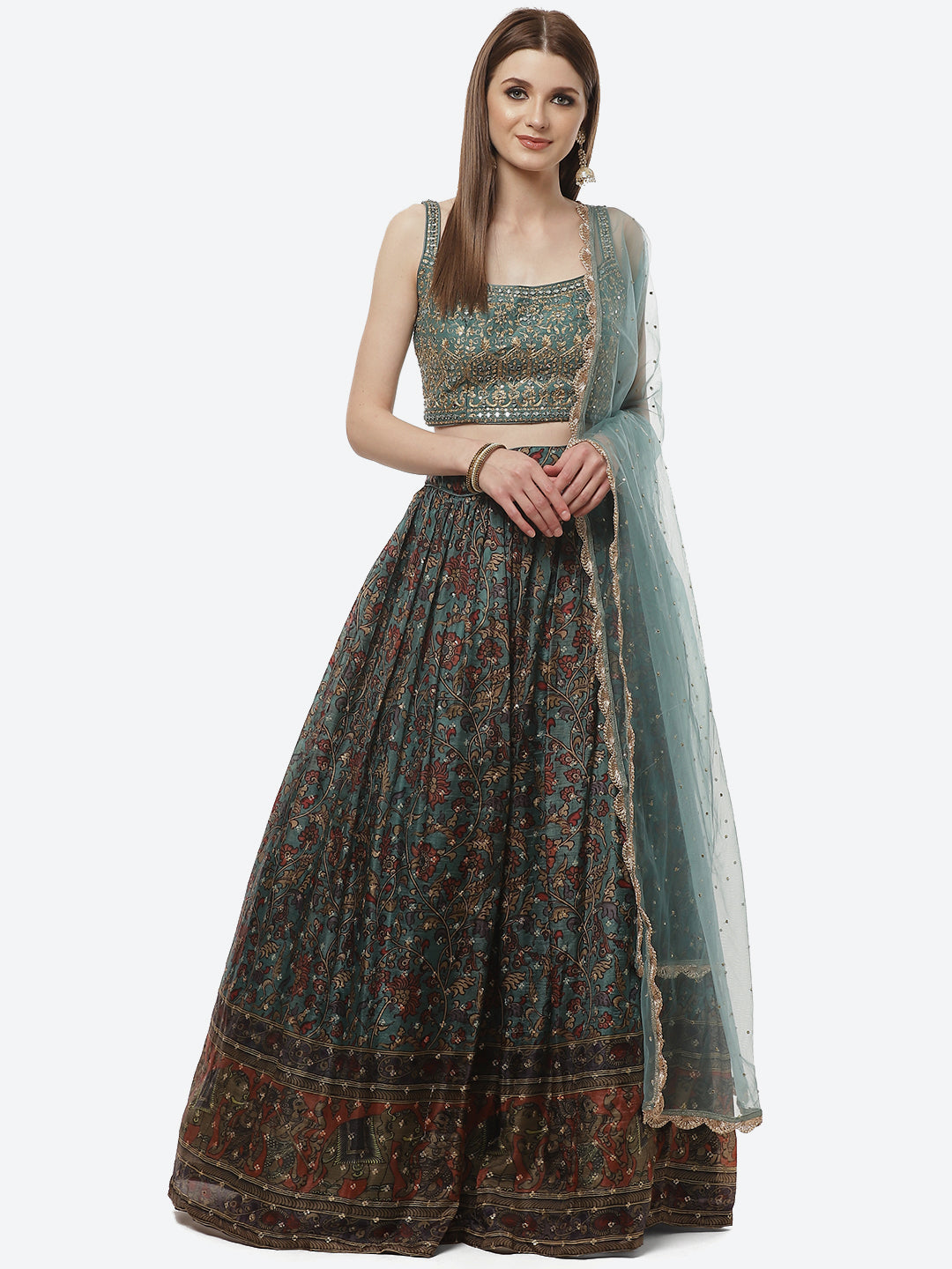 Paisley Printed Crepe Lehenga with Choli And Net Dupatta