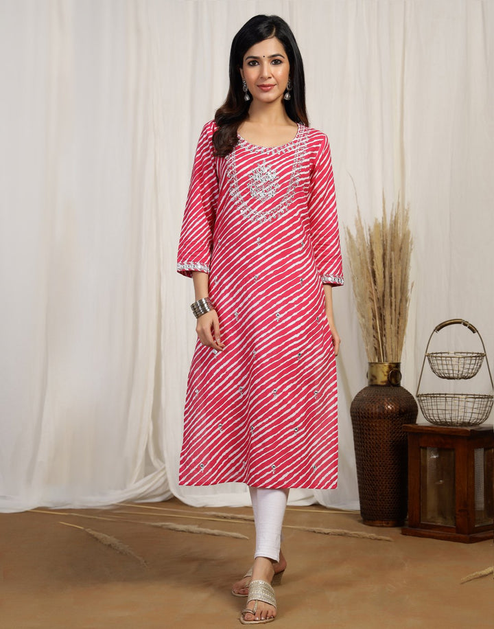 Leheriya Print Cotton Kurti With Yoke Embroidery
