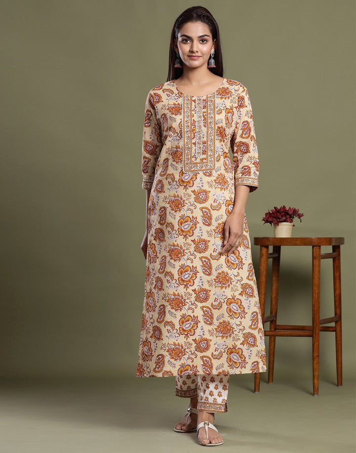 Floral Print Cotton Kurti Pant Set